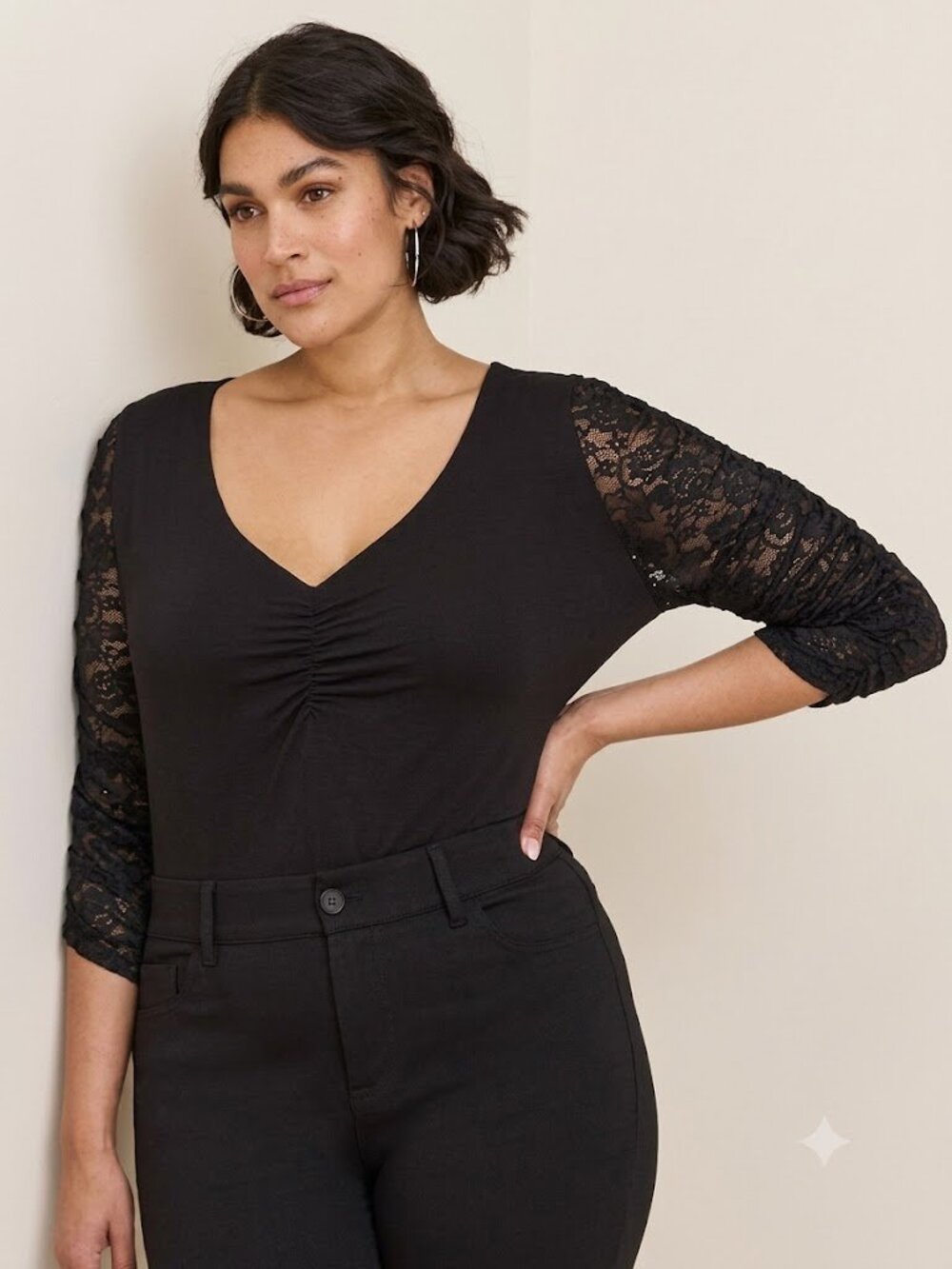 ❤NWT TORRID TOP - STUDIO CREPE BLACK RUCHED TEE - LACE SLEEVE SHIRT - PLUS SIZE